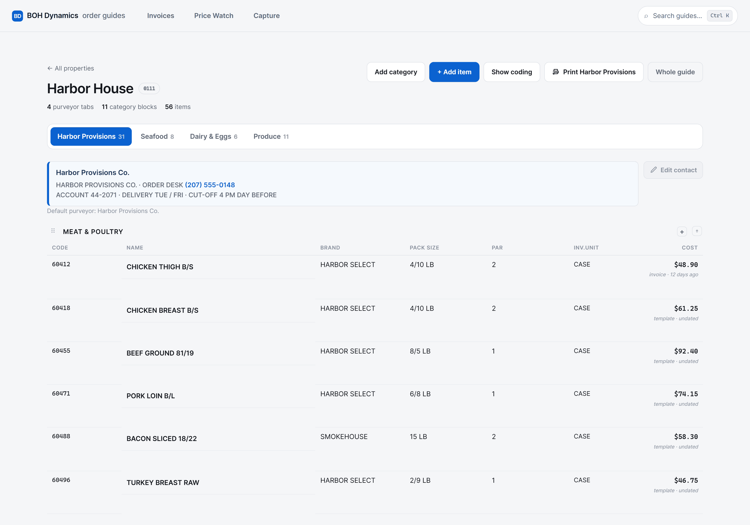 An order guide on screen: purveyor tabs across the top, the purveyor's own order-desk line, then the meat and poultry block — code, name, brand, pack size, par and cost for every item.